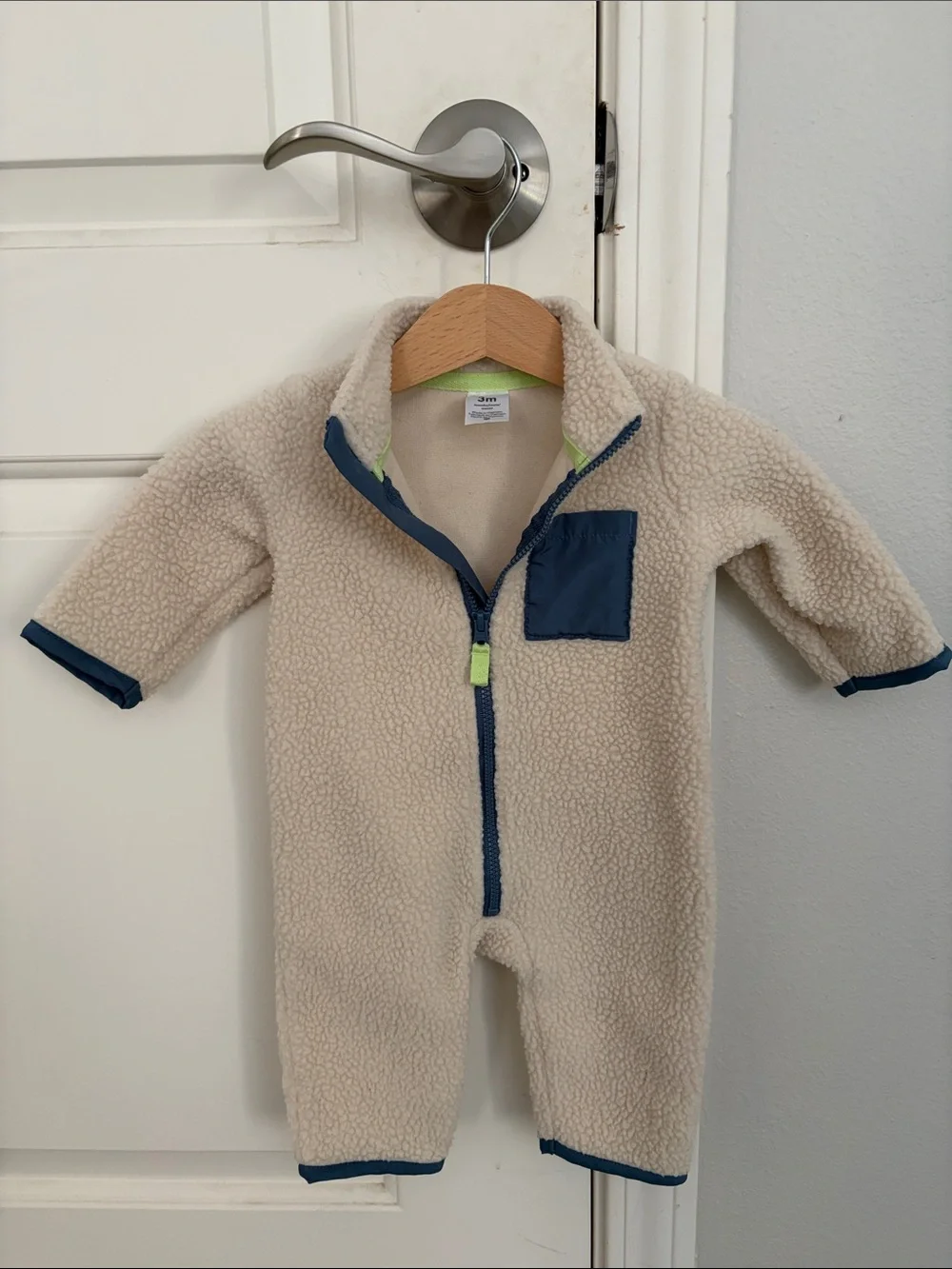 Carter's Cream Sherpa One-Piece with Navy Trim and Lime Accents